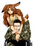  1boy 1girl animal_ears black_hair breasts brown_eyes brown_hair bunny_ears bunny_tail camouflage cleavage commentary_request couple covered_nipples delilah_(gate) downblouse forehead gate_-_jieitai_ka_no_chi_nite_kaku_tatakaeri gendou_pose glasses hands_clasped hetero hug hug_from_behind long_hair military military_uniform own_hands_together sao_satoru semi-rimless_eyewear tail tank_top under-rim_eyewear uniform wheelchair yanagida_(gate) 