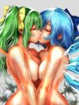  2girls blue_bow blue_hair bow breast_press breasts cirno closed_mouth commentary_request daiyousei flower french_kiss green_hair grey_background hair_bow hair_ribbon highres ice ice_wings jubakurei kiss long_hair medium_breasts multiple_girls nude ponytail ribbon short_hair simple_background symmetrical_docking tongue tongue_out touhou wings yellow_ribbon yuri 