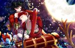  1girl absurdres antlers ass bangs bare_shoulders black_hair blue_eyes blush commentary fate/stay_night fate_(series) gift highres kotatsu_kaya long_hair moon navel no_shoes red_legwear red_skirt reindeer_antlers ribbon skirt smile solo thighhighs toosaka_rin two_side_up 