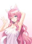  ;p ahoge animal_ears arm_behind_back arm_up armpits bangs blue_eyes blush breasts cat_ears cat_girl cat_tail cleavage closed_mouth collarbone commentary earrings gradient gradient_background heart heart-shaped_pupils highres jewelry large_breasts long_hair looking_at_viewer mvv naked_towel ok_sign one_eye_closed original pink_background pink_hair sidelocks smile symbol-shaped_pupils symbol_commentary tail tongue tongue_out towel upper_body very_long_hair wavy_hair 