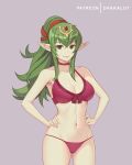  1girl armpits artist_name ass_visible_through_thighs bangs bare_arms bare_shoulders bikini breasts choker cleavage closed_mouth collarbone cowboy_shot dakkalot eyebrows_visible_through_hair fire_emblem fire_emblem_heroes green_eyes green_hair hands_on_hips headpiece high_ponytail large_breasts manakete navel pink_lips pointy_ears purple_background purple_bikini red_choker sidelocks simple_background skindentation smile solo stomach swimsuit tiki_(fire_emblem) 