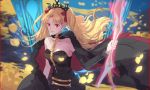 1girl asymmetrical_sleeves black_cape black_leotard black_sleeves blonde_hair blurry blurry_background bow breasts cape cleavage closed_mouth detached_sleeves diadem ereshkigal_(fate/grand_order) fate/grand_order fate_(series) floating_hair fur-trimmed_cape fur_trim hair_bow hair_intakes highres holding leotard long_hair long_sleeves medium_breasts nail_polish petals red_bow red_eyes red_nails shiny shiny_hair single_sleeve smile solo standing striped striped_leotard twintails very_long_hair xinweikun 