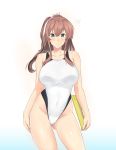  1girl blue_background brown_hair clipboard collarbone commentary_request competition_swimsuit cowboy_shot gradient gradient_background grey_eyes highleg highleg_swimsuit kantai_collection long_hair looking_at_viewer moose_(moosemitchell2) one-piece_swimsuit ponytail saratoga_(kantai_collection) side_ponytail sidelocks smile solo standing swimsuit white_background white_swimsuit 