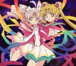  2girls bishoujo_senshi_sailor_moon blonde_hair boots bukiko crescent crescent_earrings earrings gloves highres holding_hands jewelry long_hair looking_at_viewer multiple_girls pink_footwear pink_hair sailor sailor_chibi_moon sailor_moon space super_sailor_chibi_moon super_sailor_moon twintails white_gloves 