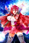  1girl armpits bangs blush boots breasts cape cleavage commentary_request detached_sleeves eyebrows_visible_through_hair hair_between_eyes highres large_breasts lightning long_hair looking_at_viewer original outstretched_arm porurin red_cape red_eyes red_hair red_nails red_skirt showgirl_skirt sidelocks skirt solo thigh_boots thighhighs v-shaped_eyebrows zettai_ryouiki 