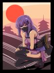 1girl architecture bare_shoulders black_border black_legwear black_sash border bracer breasts copyright_request covered_mouth east_asian_architecture face_mask hair_ornament ishii_hisao large_breasts looking_at_viewer mask ninja obi purple_eyes purple_hair ringed_eyes sandals sash solo squatting sun thighhighs 