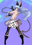  1girl animal_ears ass backless_dress backless_outfit bare_back black_footwear black_gloves black_legwear blue_hair boots breasts bunny_ears censored commentary_request dress erune ferry_(granblue_fantasy) fighting_stance from_behind full_body gloves granblue_fantasy granblue_fantasy_versus grey_dress grey_eyes highres holding holding_weapon holding_whip johan_(johan13) long_hair no_bra no_panties novelty_censor sideboob small_breasts solo thighhighs weapon whip 