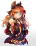  1girl alternate_color alternate_costume aqua_eyes armor bare_shoulders belt black_headband breasts choker collar cosplay gauntlets gem godguard_brodia godguard_brodia_(cosplay) granblue_fantasy hair_ornament hair_ribbon headband long_hair looking_to_the_side orange_hair ribbon sara_(granblue_fantasy) satsumi shaded_face skirt small_breasts smile solo wavy_hair 