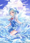  1girl bangs blue_bow blue_dress blue_eyes blue_hair blue_sky blush bow bowtie breasts cirno cloud day dress eyebrows_visible_through_hair hair_between_eyes hair_bow hei_kuang_jun highres ice ice_wings looking_at_viewer open_mouth outdoors pinafore_dress puffy_short_sleeves puffy_sleeves red_bow red_neckwear shirt short_dress short_hair short_sleeves sky small_breasts solo thighs touhou water white_shirt wings 