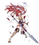  1girl armor bangs bare_shoulders belt boots breastplate broken broken_weapon cordelia_(fire_emblem) dress fire_emblem fire_emblem_awakening fire_emblem_heroes full_body garter_straps gloves highres holding holding_weapon katou_itsuwa looking_away official_art open_mouth polearm red_eyes red_hair scarf shiny shiny_hair short_dress shoulder_armor solo spear thigh_boots thighhighs torn_clothes transparent_background weapon white_legwear white_scarf zettai_ryouiki 