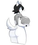  2020 ? anthro big_breasts black_hair blue_eyes blush blush_stickers bottomless breasts butt canid canine canis clothed clothing domestic_dog female hair hair_over_eye hi_res inner_ear_fluff looking_at_viewer looking_back maggie_applebee mammal nipple_outline one_eye_obstructed shirt short_hair simple_background solo tattoo theycallhimcake topwear tuft under_boob white_background 