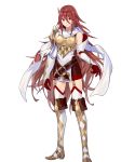  1girl armor bangs bare_shoulders belt boots breastplate closed_mouth cordelia_(fire_emblem) dress fire_emblem fire_emblem_awakening fire_emblem_heroes full_body garter_straps gloves hair_ornament highres katou_itsuwa lips looking_at_viewer official_art red_eyes red_hair scarf shiny shiny_hair short_dress shoulder_armor smile solo standing thigh_boots thighhighs transparent_background white_legwear white_scarf zettai_ryouiki 