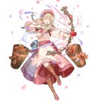  1girl arrow bangs belt blush bow_(weapon) braid brown_eyes brown_legwear closed_mouth dress faye_(fire_emblem) fire_emblem fire_emblem_echoes:_shadows_of_valentia fire_emblem_heroes floral_print food full_body hat highres holding holding_bow_(weapon) holding_weapon leg_up light_brown_hair long_dress long_hair official_art open_mouth petals pink_dress puffy_short_sleeves puffy_sleeves quiver shiny shiny_hair shoes short_sleeves smile socks solo tied_hair tobi_(kotetsu) transparent_background twin_braids twintails weapon 