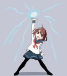  1girl animated animated_gif arm_up black_legwear brown_eyes brown_hair electricity grey_background hair_ornament hairclip ikazuchi_(kantai_collection) kantai_collection long_sleeves looking_at_viewer open_mouth school_uniform serafuku short_hair simple_background skirt solo standing tonmoh 