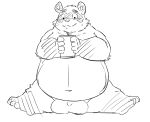  2020 anthro balls belly big_balls canid canine genitals hi_res humanoid_hands kemono male mammal monochrome navel overweight overweight_male penis raccoon_dog simple_background sitting solo tanuki tiri_mama white_background 