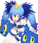  1girl bangs bare_shoulders blue_hair blue_nails blue_panties blush bombergirl breasts commentary detached_sleeves drill_hair eyebrows_visible_through_hair fang frills garters hair_between_eyes harau headpiece heart heart_tattoo highres lewisia_aquablue long_hair long_sleeves nail_polish open_mouth panties pubic_tattoo see-through simple_background small_breasts solo tank_top tattoo tongue tongue_out twin_drills underwear white_background yellow_eyes 