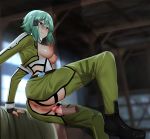  1boy 1girl anus aqua_eyes aqua_hair asada_shino ass blush breasts censored chaps cropped_jacket ginhaha glaring green_jacket hair_ornament hairclip hetero highres jacket medium_breasts nipples penis pussy sex shiny shiny_hair shiny_skin short_hair sinon solo_focus sword_art_online vaginal 