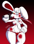  2spot_studio anthro blood bloody_bunny bodily_fluids camel_toe female genitals hair hand_on_hip hi_res jo-vee-al lagomorph leporid mammal melee_weapon monster nipples pussy rabbit red_background red_eyes scar simple_background solo standing stitch_(disambiguation) sword thick_thighs weapon wide_hips yellow_eyes 