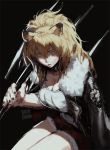  1girl animal_ears arknights blonde_hair breasts cleavage collar cutoffs fur-trimmed_jacket fur-trimmed_shorts fur_collar fur_trim holding holding_hammer jacket kuzudon large_breasts leather leather_jacket legs_together lion_ears lion_girl over_shoulder red_shorts shorts siege_(arknights) signature solo studded_collar war_hammer weapon weapon_over_shoulder white_tank_top 