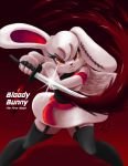  2spot_studio anthro blood bloody_bunny bodily_fluids clothed_clothing english_text female fur hi_res jo-vee-al lagomorph leporid mammal melee_weapon monster rabbit red_background red_eyes scar simple_background solo standing stitch_(disambiguation) sword text weapon yellow_eyes 