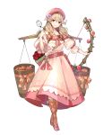  1girl arrow bangs belt bouquet bow_(weapon) braid brown_eyes brown_legwear closed_mouth collarbone dress faye_(fire_emblem) fire_emblem fire_emblem_echoes:_shadows_of_valentia fire_emblem_heroes floral_print flower food full_body hat highres holding holding_bow_(weapon) holding_weapon light_brown_hair long_dress long_hair looking_at_viewer official_art pink_dress puffy_short_sleeves puffy_sleeves quiver shiny shiny_hair shoes short_sleeves smile socks solo standing tied_hair tobi_(kotetsu) transparent_background twin_braids twintails weapon 