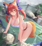  1girl animal_ear_fluff animal_ears bangs bare_shoulders bath bathing blue_bow blush bow breasts bucket cleavage closed_mouth collarbone dongfangzhong111 fate/extra fate_(series) fox_ears fox_girl fox_tail hair_between_eyes hair_bow large_breasts long_hair looking_at_viewer navel onsen pink_hair rock sidelocks smile solo steam tail tamamo_(fate)_(all) tamamo_no_mae_(fate) thighs towel twintails wading water wet wooden_bucket yellow_eyes 