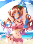  .live absurdres armpits arms_up beach blue_eyes blurry blurry_background blush breasts brown_hair cleavage commentary_request hair_ribbon highres kakyouin_chieri kishikino large_breasts long_hair looking_at_viewer navel ribbon swimsuit umbrella virtual_youtuber 
