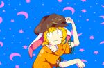  1girl animal_ears blue_background bunny_ears cabbie_hat constricted_pupils crescent_moon drawing easy_breezy eizouken_ni_wa_te_wo_dasu_na! expressionless frilled_shirt_collar frills hat meme moon parody pose r0salsky ringo_(touhou) shirt short_sleeves solo star touhou wide-eyed yellow_shirt 