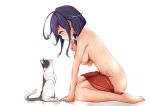  1girl 1other ahoge animal barefoot blush breasts cat commentary_request eyebrows_visible_through_hair hair_flaps kantai_collection large_breasts long_hair low_twintails naked_towel parted_lips purple_hair red_eyes red_towel rizzl ryuuhou_(kantai_collection) sidelocks simple_background taigei_(kantai_collection) towel twintails white_background 