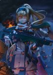  2girls back-to-back bandaid bandaid_on_face bandaid_on_nose bangs blonde_hair bow burning closed_mouth commentary cyclops_(girls_frontline) dress eyebrows_visible_through_hair girls_frontline gloves glowing glowing_eyes gun hair_between_eyes hair_bow headband highres holding holding_gun holding_weapon kcco_(girls_frontline) long_hair mod3_(girls_frontline) multiple_girls night night_sky outdoors pal_lett ponytail red_eyes russian_flag scarf scope sidelocks silver_hair sky solo sv-98 sv-98_(girls_frontline) svd_(girls_frontline) weapon white_scarf yellow_eyes 