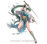  1girl aqua_dress arm_up bangs belt boots breasts cape company_name cuboon dress earrings eyebrows_visible_through_hair fingerless_gloves fire_emblem fire_emblem_heroes full_body gloves green_eyes green_hair holding holding_sword holding_weapon jewelry knee_boots leg_up long_hair looking_away looking_to_the_side lyn_(fire_emblem) medium_breasts official_art outstretched_arm parted_lips pelvic_curtain ponytail puffy_short_sleeves puffy_sleeves sheath short_sleeves simple_background smile solo standing standing_on_one_leg sword thighs torn_clothes torn_dress underboob unsheathed v-shaped_eyebrows very_long_hair weapon white_background white_cape white_footwear white_gloves wrist_guards 