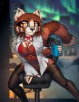  2020 anthro big_breasts biped bottomwear breasts brown_body brown_fur canid canine canis clothed clothing detailed_background digital_media_(artwork) eyewear fangs female fox fur glasses hair hi_res legwear macmegagerc mammal midriff navel orange_eyes outside panties shirt smile snow solo teeth thick_thighs topwear underwear wide_hips 