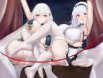  2girls absurdres anchor_choker arm_up armpits azur_lane bangs bare_shoulders black_hairband blush breast_curtains breasts china_dress chinese_clothes choker closed_mouth commentary_request dido_(azur_lane) dress everfornever eyebrows_visible_through_hair feet frilled_choker frills garter_straps hairband heavy_breathing highres huge_breasts legs looking_at_viewer multiple_girls open_mouth pink_eyes red_eyes red_ribbon revealing_clothes ribbon short_hair silver_hair sirius_(azur_lane) sirius_(azure_horizons)_(azur_lane) sitting sleeveless smile soles sweat thighhighs thighs underboob underboob_cutout white_hair white_legwear 