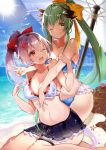  2girls bangs bare_shoulders beach beach_umbrella bikini black_skirt blue_bikini blue_sky blush bow breasts cleavage closed_mouth collarbone dragon_horns fate/grand_order fate_(series) felnemo flower green_hair hair_bow hair_flower hair_ornament highres horns kiyohime_(fate/grand_order) kiyohime_(swimsuit_lancer)_(fate) large_breasts long_hair looking_at_viewer miniskirt multiple_girls multiple_horns navel ocean one_eye_closed open_mouth ponytail red_bow red_eyes sidelocks silver_hair sitting skirt sky smile sunlight swimsuit thighs tomoe_gozen_(fate/grand_order) tongue tongue_out umbrella v very_long_hair wariza white_bikini_top yellow_bow yellow_eyes 