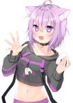  1girl :3 :d ahoge animal_ear_fluff animal_ears bangs black_collar blush breasts cat_ears collar collarbone commentary_request crop_top drawstring eyebrows_visible_through_hair fang food grey_hoodie groin hair_between_eyes hands_up highres holding holding_food hololive hood hood_down hoodie midriff navel nekomata_okayu onigiri open_mouth purple_eyes purple_hair simple_background small_breasts smile solo virtual_youtuber white_background yuuzaki 