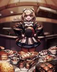  1girl :d allen_(makaroll) animal_ears apron arknights basket bear_ears blonde_hair blurry blurry_background commentary_request food frying_pan gum_(arknights) hair_ornament hairclip jacket kitchen long_sleeves looking_at_viewer noodles omurice onigiri open_mouth orange_legwear pantyhose pasta pie plate ramen red_eyes sandwich smile solo spaghetti standing 