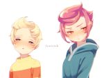  1boy 1girl blonde_hair blush breasts brown_eyes closed_mouth kumatora lucas mother_(game) mother_3 open_mouth pink_hair shifumame short_hair simple_background white_background 
