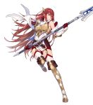  1girl armor bangs bare_shoulders belt boots breastplate cordelia_(fire_emblem) dress fire_emblem fire_emblem_awakening fire_emblem_heroes full_body garter_straps gloves hair_ornament highres holding holding_weapon katou_itsuwa leg_up looking_away official_art parted_lips polearm red_eyes red_hair scarf shiny shiny_hair short_dress shoulder_armor solo spear thigh_boots thighhighs transparent_background weapon white_legwear white_scarf zettai_ryouiki 