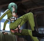  1boy 1girl anus aqua_eyes aqua_hair asada_shino ass blush breasts censored chaps cropped_jacket ginhaha glaring green_jacket hair_ornament hairclip hetero highres jacket medium_breasts nipples penis pussy sex shiny shiny_hair shiny_skin short_hair sinon solo_focus sword_art_online vaginal 