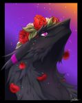  2018 ambiguous_gender anthro black_body black_border black_fur border cannibalistic_tendencies digital_media_(artwork) eye_markings flower flower_crown flower_petals fur headshot_portrait hi_res looking_up markings neck_tuft outside_border petals plant portrait purple_background purple_body purple_eyes purple_fur purple_stripes red_markings rose_(flower) rose_petals sergal side_view signature simple_background slit_pupils smaller_version_at_source smile solo stripes tuft xzsar 