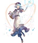 1girl bangs basket blue_eyes blue_hair bouquet bow bowtie breasts closed_eyes dress fire_emblem fire_emblem_echoes:_shadows_of_valentia fire_emblem_heroes flower full_body glowing hakou_(barasensou) highres holding layered_dress long_dress medium_breasts official_art open_mouth petals purple_legwear shiny shiny_hair shoes short_hair short_sleeves silque_(fire_emblem) smile solo sparkle striped transparent_background vertical_stripes 