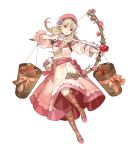  1girl arrow bangs belt blush bow_(weapon) braid brown_eyes brown_legwear dress faye_(fire_emblem) fire_emblem fire_emblem_echoes:_shadows_of_valentia fire_emblem_heroes floral_print food full_body hat highres holding holding_bow_(weapon) holding_weapon leg_up light_brown_hair long_dress long_hair meat official_art open_mouth pink_dress puffy_short_sleeves puffy_sleeves quiver shiny shiny_hair shoes short_sleeves smile socks solo tied_hair tobi_(kotetsu) transparent_background twin_braids twintails weapon 