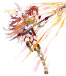  1girl armor bangs bare_shoulders belt boots breastplate cordelia_(fire_emblem) dress fire_emblem fire_emblem_awakening fire_emblem_heroes full_body garter_straps gloves hair_ornament highres holding holding_weapon katou_itsuwa leg_up looking_away official_art open_mouth polearm red_eyes red_hair scarf shiny shiny_hair short_dress shoulder_armor solo spear thigh_boots thighhighs transparent_background weapon white_legwear white_scarf zettai_ryouiki 