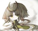  1girl arm_guards bangs brown_eyes brown_hair brown_shorts character_request chibi closed_mouth commentary_request cottontailtokki hair_ornament headpiece holding holding_sword holding_weapon long_hair looking_at_viewer pale_skin shadowverse short_shorts shorts solo standing sword very_long_hair weapon 