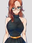  1girl alternate_costume alternate_hairstyle android_21 bare_shoulders black-framed_eyewear black_dress blue_eyes breasts closed_mouth dragon_ball dragon_ball_fighterz dress earrings glasses grey_background hair_between_eyes hoop_earrings jewelry kemachiku large_breasts long_hair looking_at_viewer red_hair simple_background sleeveless sleeveless_dress solo 