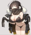  1girl bare_shoulders bikini black_bikini black_gloves black_hair black_jacket black_scarf breasts brown_eyes cleavage commentary_request covered_mouth cowboy_shot earmuffs enpera fur_collar gloves highres jacket jacket_on_shoulders kouyafu large_breasts leaning_forward long_hair looking_at_viewer navel original scarf signature solo standing stomach swimsuit thigh_gap thighs 