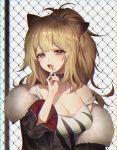  1girl animal_ears arknights bare_shoulders black_coat black_nails blush breasts brown_eyes brown_hair candy chain-link_fence chromatic_aberration cleavage coat collarbone eating fence food fur-trimmed_coat fur_trim highres holding holding_food large_breasts lollipop long_hair long_sleeves nail_polish off_shoulder open_clothes open_coat ponytail rimsuk siege_(arknights) solo strap_slip tank_top upper_body 