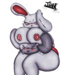  2spot_studio anthro big_breasts big_butt bloody_bunny blush bottomwear breasts butt clothed clothing duo female fur hi_res jiant101 lagomorph leporid mammal monster nipples panties partially_clothed rabbit red_eyes scar simple_background sitting stitch_(disambiguation) thick_thighs underwear white_background wide_hips 