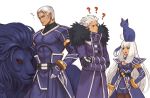  1girl 2boys ? ahoge cat dark_skin feather_trim genderswap genderswap_(mtf) hand_on_hip highres irakunoikura krizalid lion multiple_boys multiple_persona original_zero shoulder_pads the_king_of_fighters white_hair 