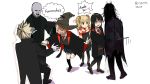  3boys 3girls black_footwear black_hair black_legwear blonde_hair brown_hair closed_eyes copyright_name cosplay crossover full_body ghost guazi hana_(mieruko-chan) harry_potter hat highres hogwarts_school_uniform kneehighs loafers long_hair mieruko-chan miniskirt multiple_boys multiple_girls necktie niguredou_julia open_mouth pantyhose pleated_skirt red_neckwear scared scarf school_uniform shoes simple_background skirt sorting_hat speech_bubble standing twintails wand white_background wizard_hat yellow_eyes yotsuya_miko 